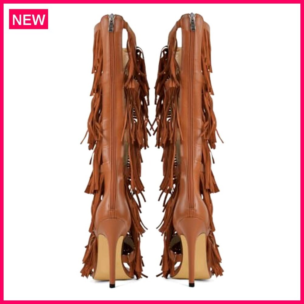 Women's Knee High Sandals, Fringe Studded Heels, 4.72 Inch Heel, Party Wear - Picture 4 of 7